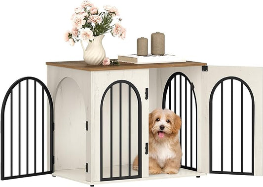 26.8'' Wooden Dog Crate Furniture, Indoor Dog Kennel Dogs Cage for Small Dogs, Heavy Duty Dog Crates Decorative Pet House End Side Table TV Stand, White Brown DFC85514B
