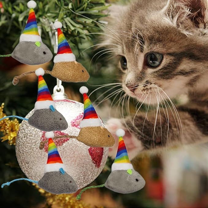 6-Pack Christmas Catnip Cat Mice Toys with Rainbow Santa Hats - Interactive Cat Toys for Indoor Cats & Kittens, Christmas & Thanksgiving Gift
