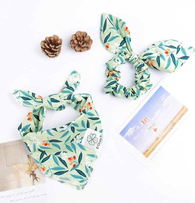 E-Clover Dog Bandanas & Matching Scrunchie Set Girl Dog Bandana Scarf Washable Kerchief Bibs for Small Dogs Puppy Pet Owner Birthday Gift Green