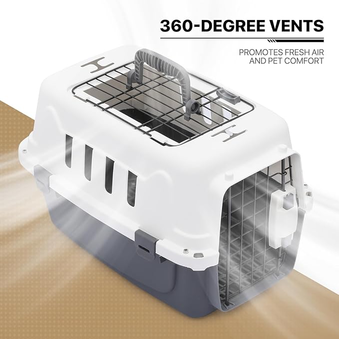 MoNiBloom 18-Inch 2-Door Top Loading Cat Carrier, Plastic Dog Crate Hard-Sided Dog Travel Carrier for Small Dogs and Cats, Ventilation and Security Lock Design for Pets up to 10 lbs (Grey)