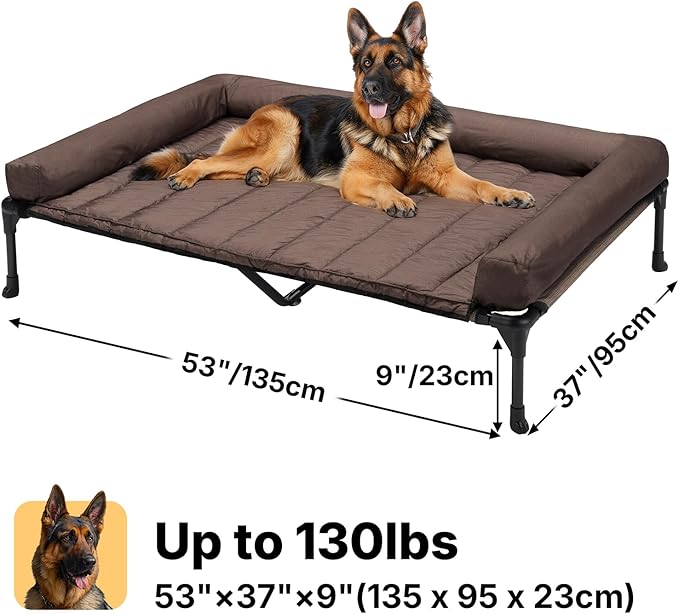 Veehoo Cooling Elevated Dog Bed Add Removable Waterproof Bolster Cushion Mat, Raised Pet Cot with Breathable Teslin Mesh, No-Slip Feet, Dog Couch Bed for Indoor Outdoor, 53 inches, Brown