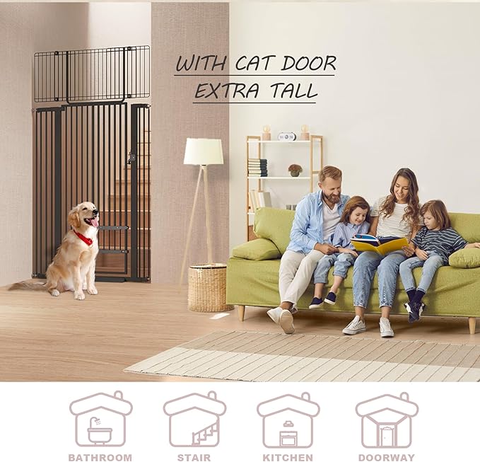 71" Extra Tall Cat Gate 29.5-40.6 Wide Pet gate for Doorway Pet Gate with Cat Doors NO Drilling Pressure Mount Kit for Cats and Dogs Indoor Doorways liveing Room Bedroom-Black