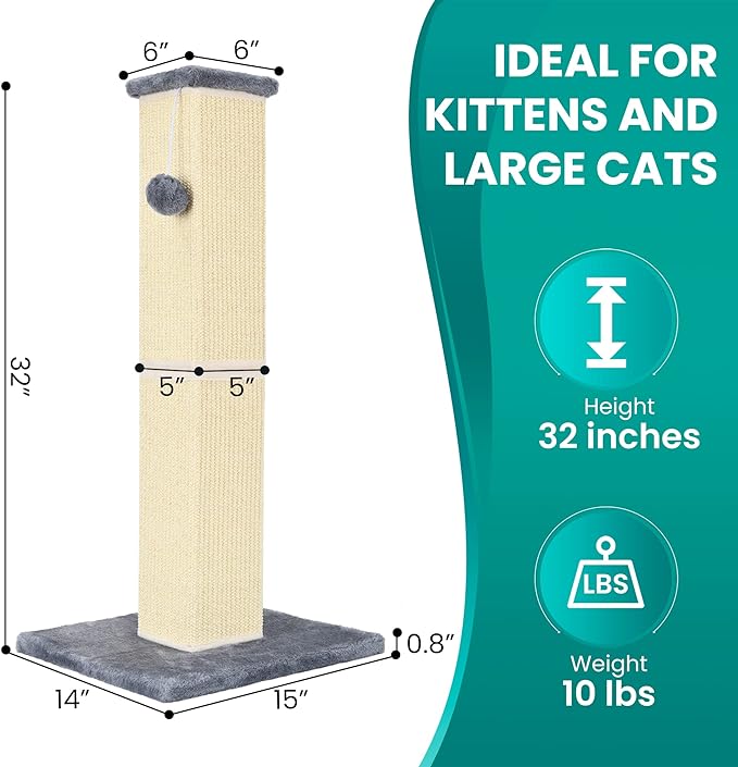 Cat Scratching Post 32 Inch for Indoor Large Cats and Kitten, Nature Sisal Tall Cat Scratch Post, Sisal Cat Scratcher Improve Cat's Scratching Habits and Protect Your Furniture, Grey