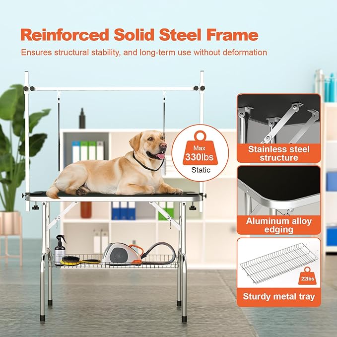 46'' Dog Grooming Table for Large Dogs, Foldable Professional Grooming Table for Dogs at Home with Double Loops/Mesh Tray/Adjustable Arm, Capacity up to 330lbs, Black