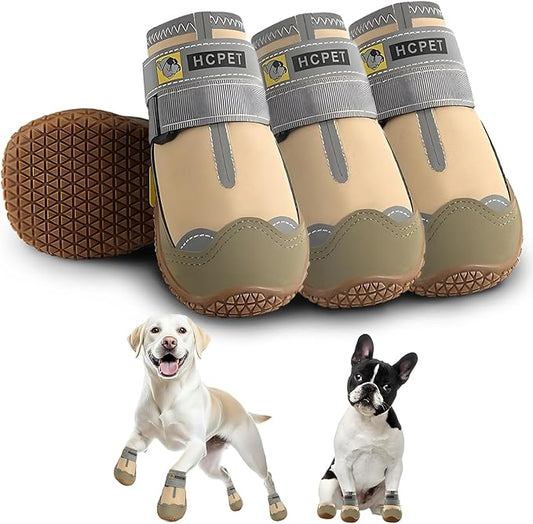 Hcpet Dog Shoes for Large Dogs, Waterproof Dog Booties for Small Medium Dogs, Anti-Slip Dog Boots & Paw Protectors for Hot Pavement Winter Snow Hiking with Reflective Straps Khaki Size 7