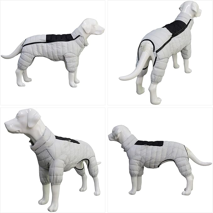 Warm Dog Jacket, 4-Legs Covered Waterproof Windproof Reflective Vest, Zippered Adjustable Outdoor Snow Jacket for Small to XXXL Dogs, Off White