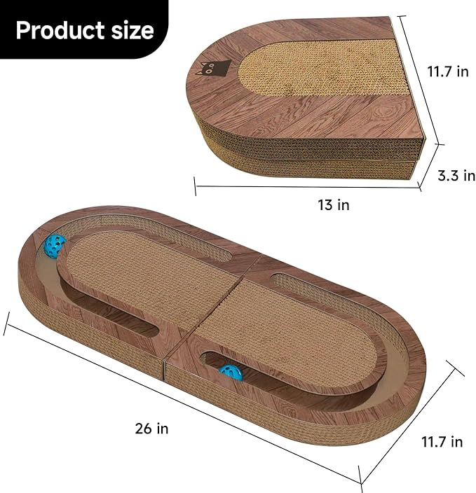 26" Cat Scratcher with Bells, Double Sided Interactive Toy - Encourages Healthy Scratching for Indoor Cats, Use on Floor, Wall or Couch