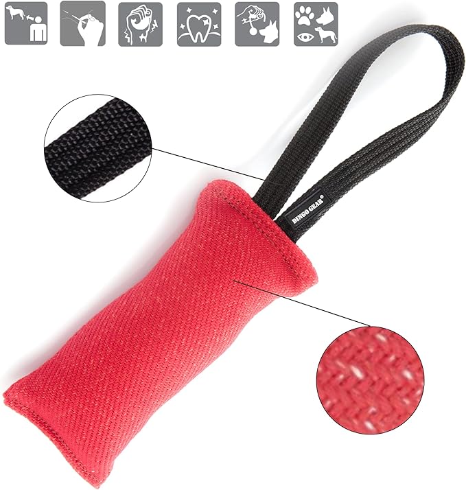 Dingo Gear French Linen tug Toy for Dog, Dog Bumper for Training, Agility, tug of war, Dog bite Pillow for Strong Dog, 1handle 8" red S00070