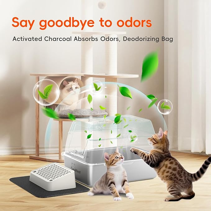 3-in-1 Extra Large Stainless Steel Cat Litter Box with Lid, XL Enclosed Top Entry Metal Litter Box for Large Cats, Non-Stick & Odor Control, Leak-Proof, Easy Cleaning for Multi-Cat Home, Green