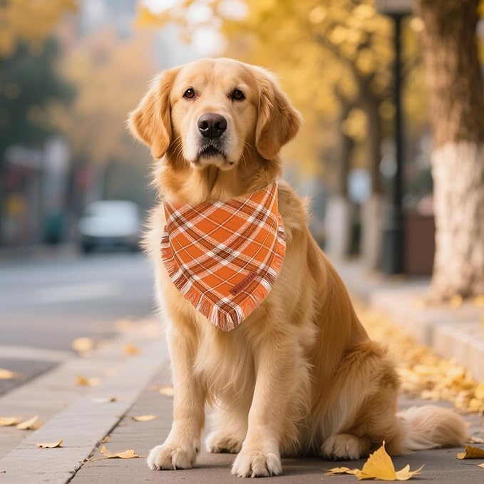 ADOGGYGO Fall Dog Bandanas with Tassels Edges, Stylish Plaid Thanksgiving Halloween Scarf Bib, Orange Plaid Fall Bandanas for Extra Large Dogs (X-Large)