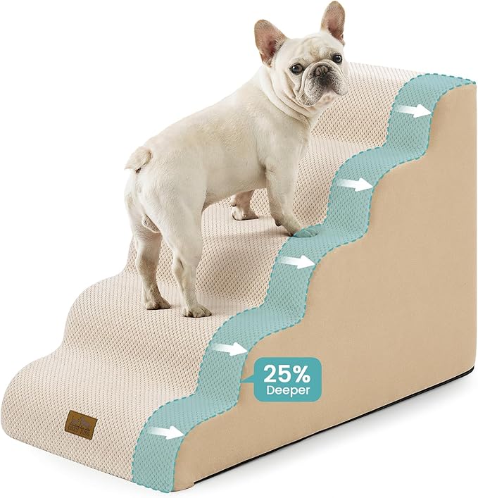 Extra Wide Dog Stairs 19.7" Width, Pet Step for Small Medium/Large Dog, Puppy or Cat, Pet Ramp for High Bed or Car, High Density Foam Ladder, Stable, 5 Step, 19.7x33x22.4 in, Beige