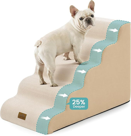 Extra Wide Dog Stairs 19.7" Width, Pet Step for Small Medium/Large Dog, Puppy or Cat, Pet Ramp for High Bed or Car, High Density Foam Ladder, Stable, 5 Step, 19.7x33x22.4 in, Beige