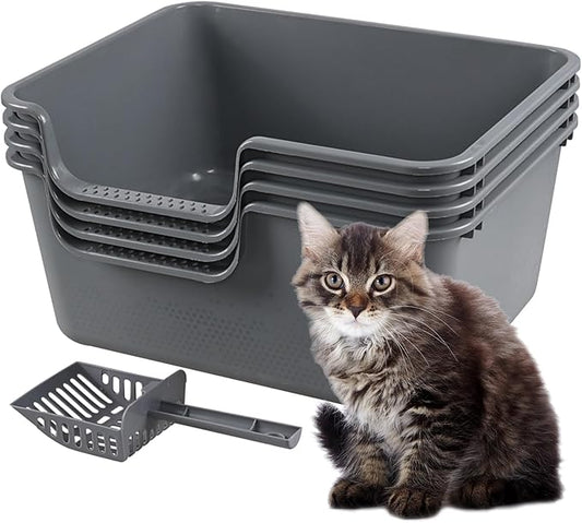4-Pack Plastic Open Top Kitty Litter Box, Cat Litter Box with High Sides, Including 4 Scoops, Grey