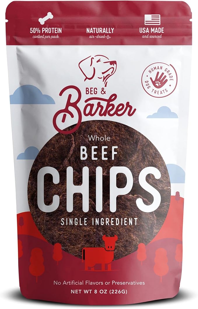 Beg & Barker Beef Chips for Dogs (8 Ounce, Pack of 1) - Single Ingredient Dog Treats Made for Large & Small Dogs Protein Human Grade Dog Treats Made from Real Meat Beef, Made in USA