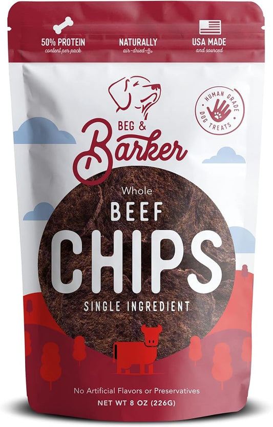 Beg & Barker Beef Chips for Dogs (8 Ounce, Pack of 1) - Single Ingredient Dog Treats Made for Large & Small Dogs Protein Human Grade Dog Treats Made from Real Meat Beef, Made in USA