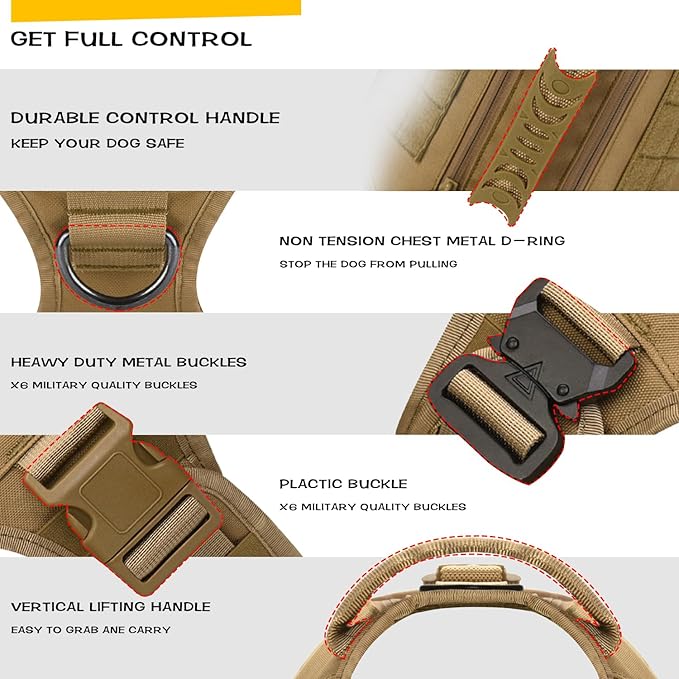 Tactical Dog Backpack Harness for Large Breed Original Design Metal Buckle Vest with Side Bags Pouches for Service Working Training (Khaki (Vest only), L)