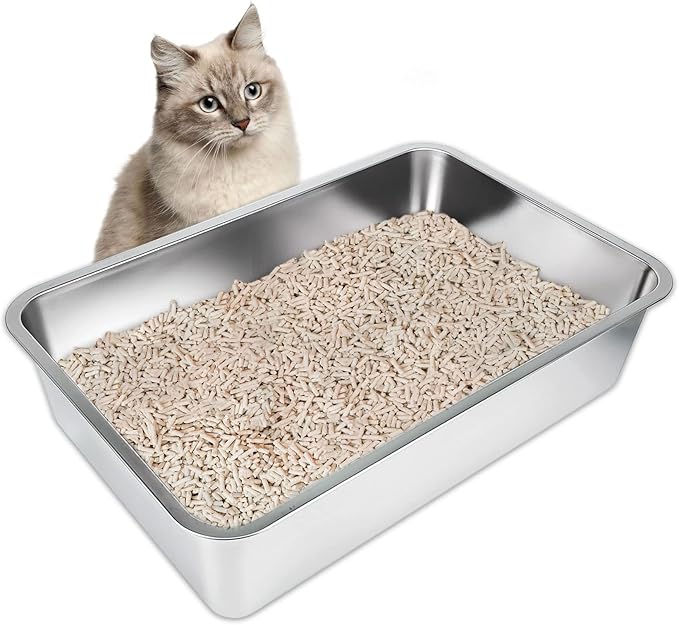 IKITCHEN Stainless Steel Cat Litter Box, Large Metal Litter Box for Cats, Never Absorbs Odors,Stain Free, Rustproof, Non Stick Smooth Surface 23.5" L x 15.5" W x 6" H