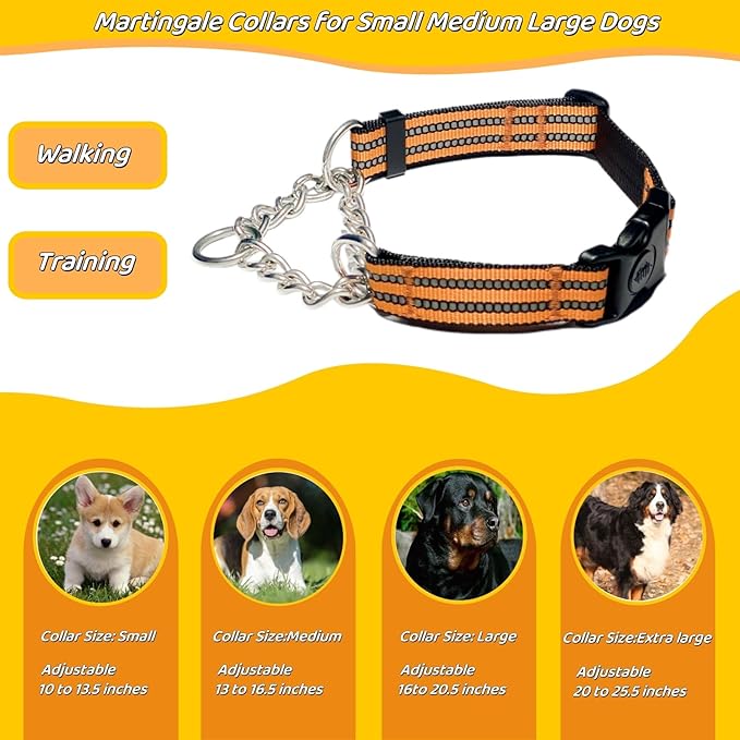 Martingale Dog Collars, Reflective Nylon Collar with Stainless Steel Chain, Adjustable Walking Training Dog Collars with Quick Release Buckle, Suitable for Small Medium Large Dogs(Orange,XL)