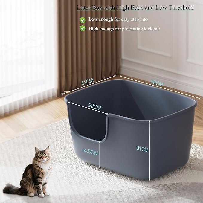 Vealind Large High Sided Cat Litter Box for Indoor Cats 22.2"×14.9"×12" Tall Litter Boxes with High Back Deep Wall XL Kitty Litter Boxes (Grey)
