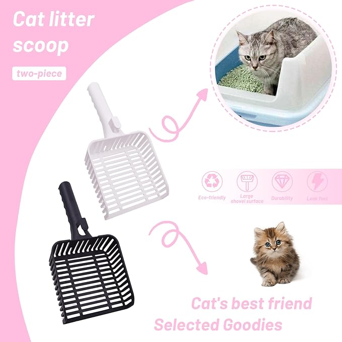 YXQ 2Pcs Litter Scoop for Cats Plastic Durable Deep Shovel Small Holes and Long Handle for Sifting Kitty Litter (White+Black)