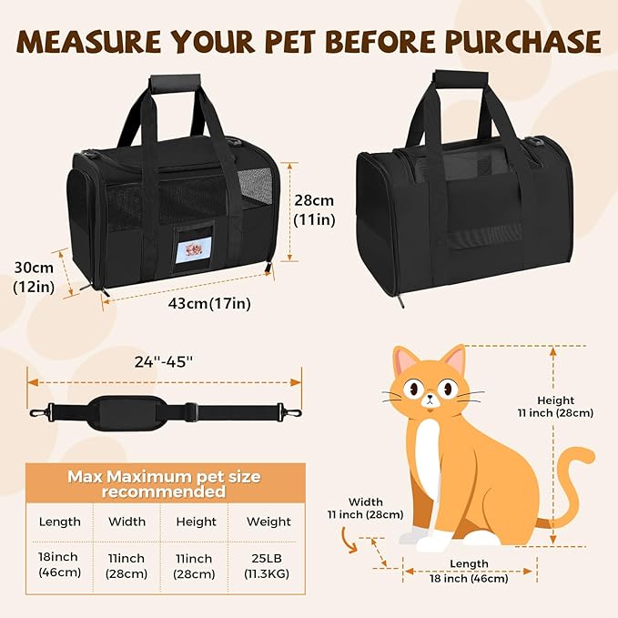 Cat Carrier, Dog Carrier for Small Dog Medium Cats,Pet Travel Bag Puppies up to 15 Lbs,TSA Airline Approved Cat Carrier Soft