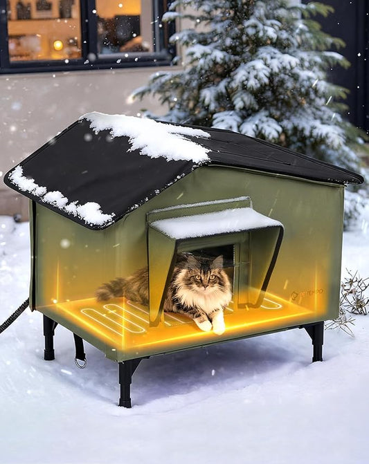 Heated Outdoor Cat House Weatherproof, 20"x16" Insulated Feral Cat Shelter with Pet Heating Pad, Escape Door & Observation Window for Kitten Puppy, UL Certified