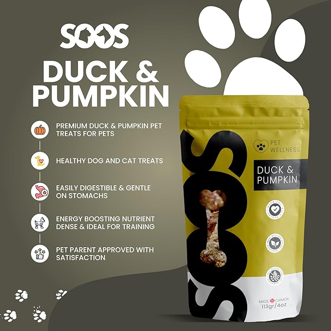 SOOS Natural Duck and Pumpkin Treats for Dogs & Cats - High Protein, Grain Free, Vitamin Minerals, Healthy Training Treats - 113g