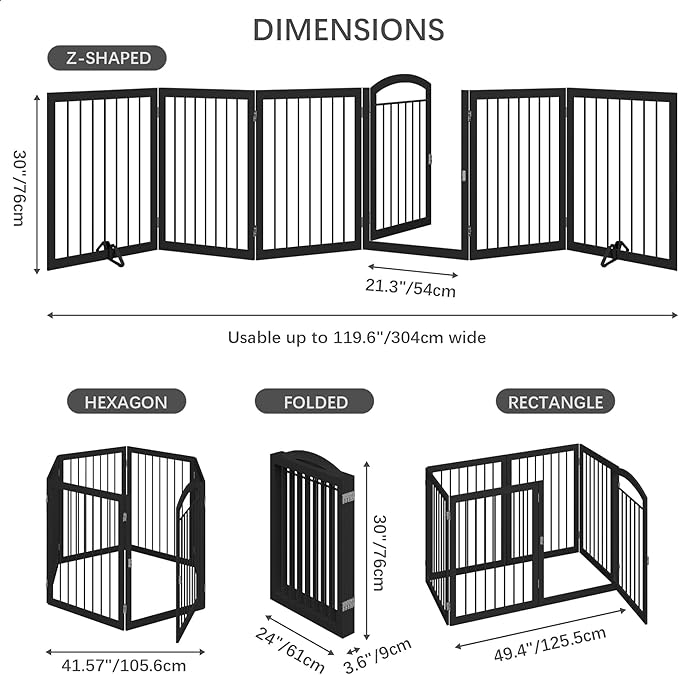 JSB 144-inch Extra Wide 30-inch Tall Dog gate with Door Walk Through, Freestanding Round Tube Pet Gate for Halls Stairs, Puppy Safety Dog Fence with 2PCS Support Feet (Black)