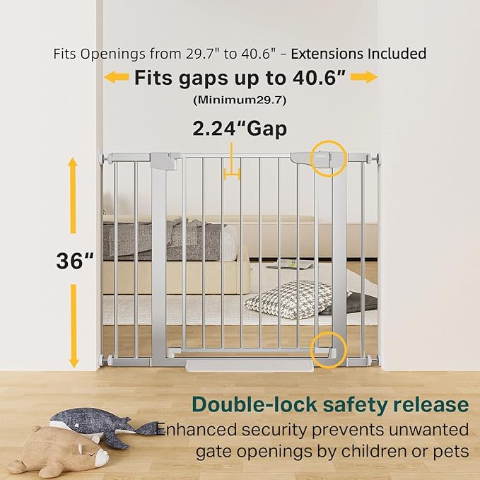 Cumbor 29.7-40.6" Baby Gate for Stairs, Mom's Choice Awards Winner-Dog Gate for Doorways, Pressure Mounted Self Closing Pet Gates for Dogs Indoor, Safety Child Gate with Easy Walk Thru Door, Silver