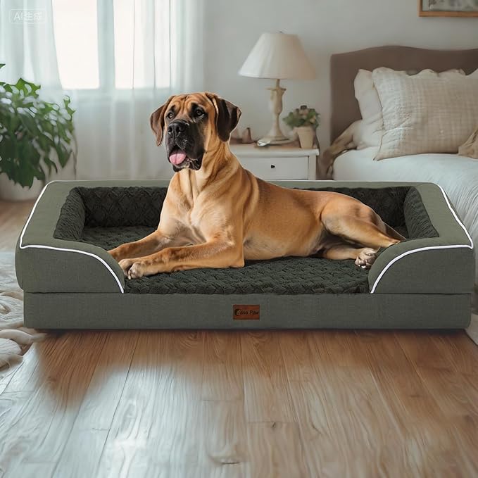Orthopedic XL Dog Beds, Waterproof Memory Foam Big Pet Bed for Extra Large Sized Dogs 45x35Inch, Non-Slip Bottom and Egg-Crate Foam Dog Couch Bed with Washable Removable Cover, Dark Green