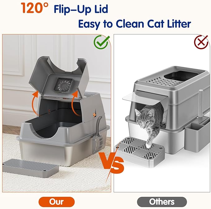 Front & Top Entry Stainless Steel Litter Box with Lid,Cat Litter Box Enclosure,Extra Large Enclosed,Non-Sticky Metal Pan,Anti-Leakage,Odor Control,Easy Clean,Covered for Indoor Cats,Includes Scoop Set