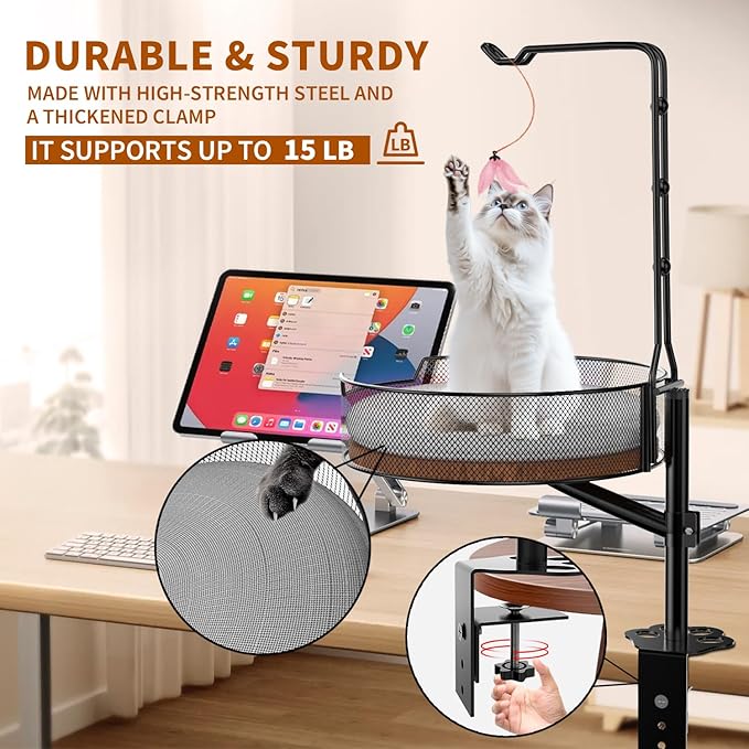 Cat Desk Bed,Rotating & Adjustable, Durable Metal Pet Bed, Supports Up to 45 lbs, Removable Blanket, Modern Indoor pet Furniture for Home Office and Game Tables