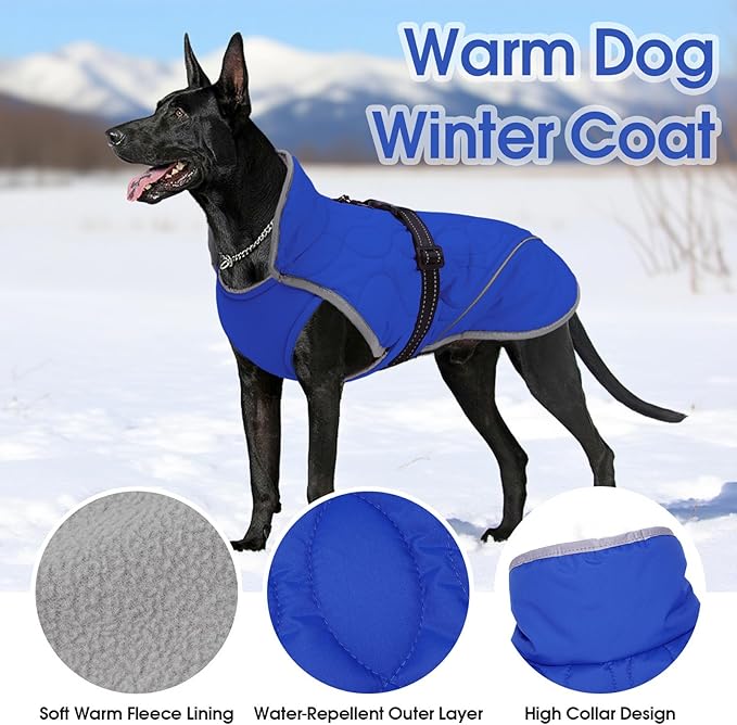 IDOMIK Dog Winter Jacket, Adjustable Waterproof Dog Warm Coat with Fleece Lining, Turtleneck Windproof Cold Weather Coats for Winter, Reflective Warm Snow Jacket for Schnauzer French Bulldog,Blue,M