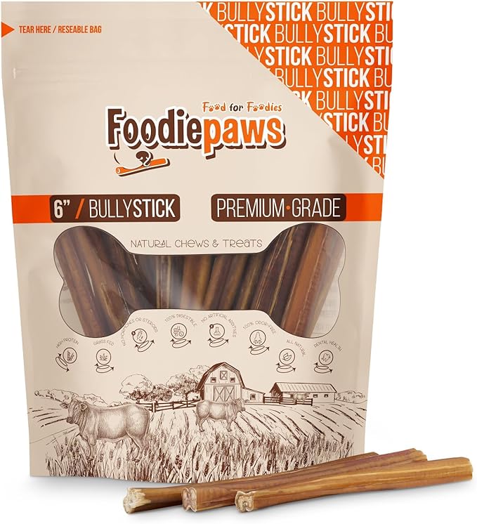 FOODIEPAWS 6 Inch Bully Sticks for Dogs, 10 Pack | All Natural, Grass-Fed Beef Pizzle | Single Ingredient, Rawhide-Free & Fully Digestible Dog Chews | Odor-Free, Long Lasting Treats for All Breeds