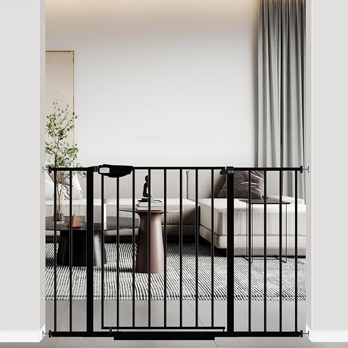 WAOWAO Triple Lock 29.72-47.24" Baby Gate Extra Wide Pressure Mounted Walk Through Swing Auto Close Safety Black Metal Dog Pet Puppy for Stairs,Doorways,Kitchen