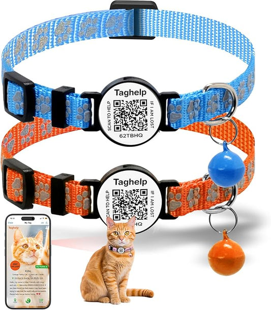 2 Pack Smart Safety Breakaway Cat Collar | QR Code Tag Stores All Vital Info Online | Reflective, Bell & Adjustable for Active Kittens (Blue & Orange)