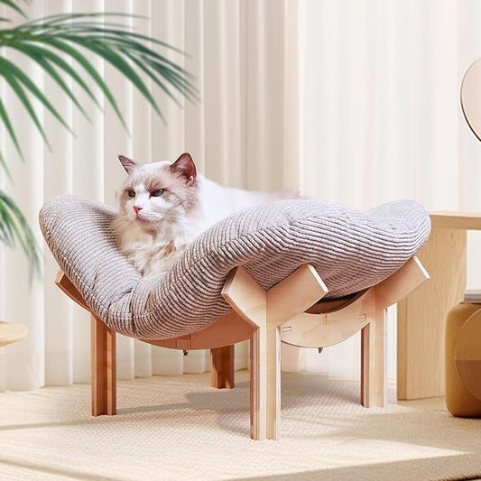 Wooden Elevated cat Hammock Bed, Featuring a Fluffy and Warm Cuddle Bed, Wooden Cat Furniture Can fit cat Scratch mat，Scratcher