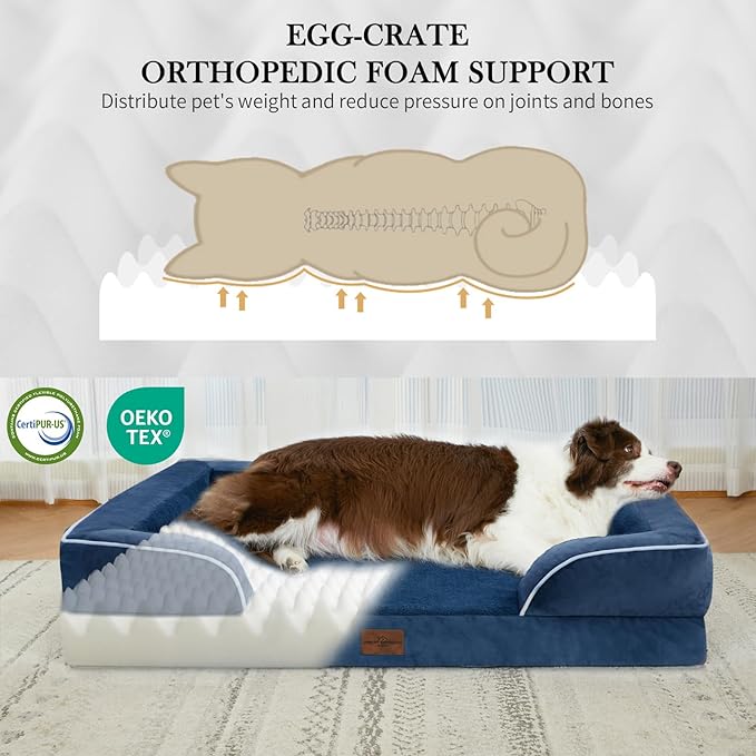 Comfort Expression Orthopedic Dog Bed for Large Dogs 36x27 Inch, Waterproof Supportive Egg Crate Foam Large Pet Bed with Removable Bolsters, Dog Couch with Washable Cover & Non-Slip Bottom, Navy Blue