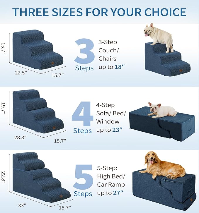 Made4Pets Dog Stairs Ramp for Bed, 4-Step Dog Steps for High Bed Couch Sofa Climbing, 35D Foam Pet Steps for Small Dogs and Cats, Non-Slip Bottom Pet Stairs, Navy