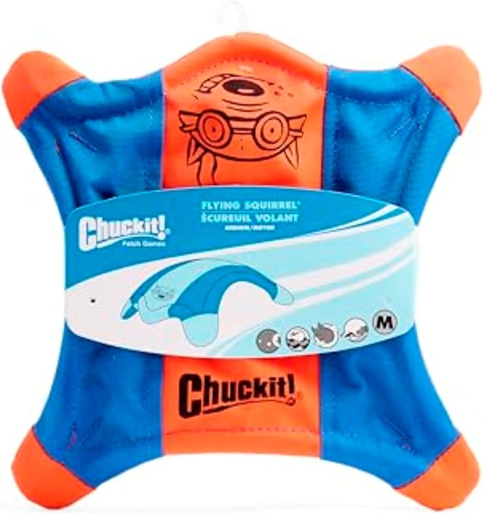 Chuckit! Flying Squirrel Fetch Dog Toy - Water Floating Flyer - Soft and Durable Polyester Canvas Construction - For Medium Dogs - Size Medium - 9.5-inch Diameter - Pack of 1 - Orange and Blue