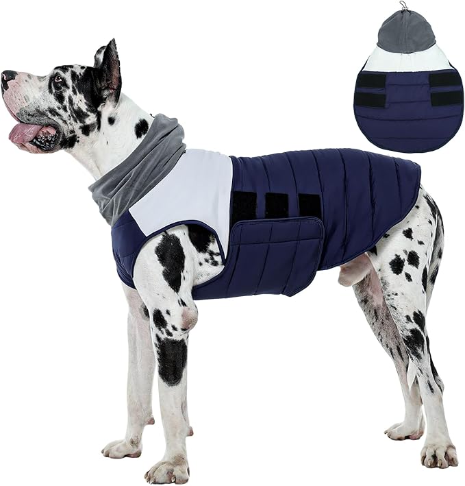 FUAMEY Winter Coat Dog Navy 3XL, Fleece Jacket Extra Large Snug Fit with Adjustable Straps, Harness Hole, Easy Cleaning,(3XL-Navy)
