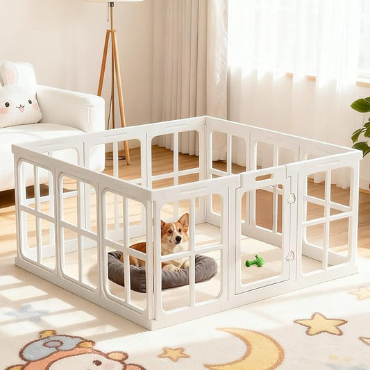 Clear Acrylic Dog Playpen Indoor, 12 PCS Plastic Puppy Playpen with Door, Cat Rabbit Ferret Pet Play Pen, Easy Assemble Dog Fence Crate Kennel Whelping Cage Enclosure for Small Dogs, White
