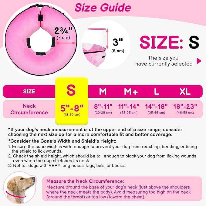 BARKLESS Inflatable Dog Cone, Protective Dog Surgery Collar to Stop Licking Biting Wounds, Patented Soft Donut Cone with Clear Shield, Adjustable Blow-up Collar for Surgery Recovery (Pink, S)