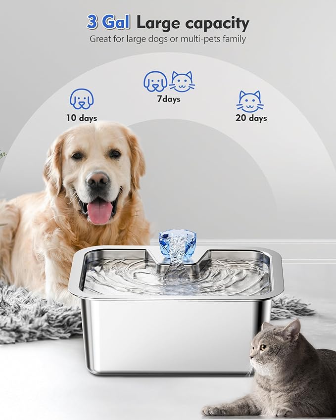 Dog Water Fountain for Large Dogs, tainless Steel 3Gallon Extra Big Pet Fountains, Drinking Bowls for Multi Pets,Dog Water Bowl Filter Automatic Dog Bowl Dispenser, Easy to Clean, Quiet Pump