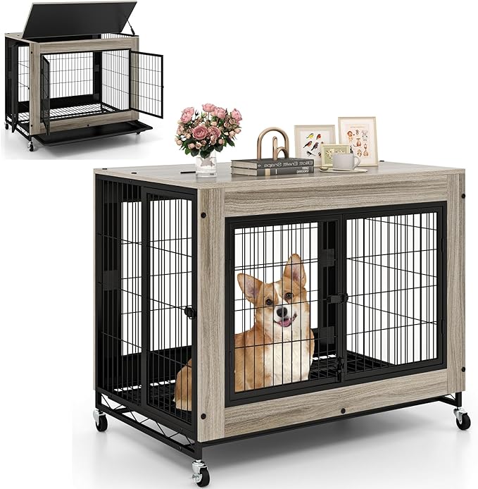 Giantex Dog Crate Furniture with Wheels, 38" Modern Dog Cage with 3 Doors, Flip Top Lid, Removable Pull-Out Tray, Decorative Dog Kennel Indoor Pet House End Table for Medium & Large Dogs (Oak Gray)