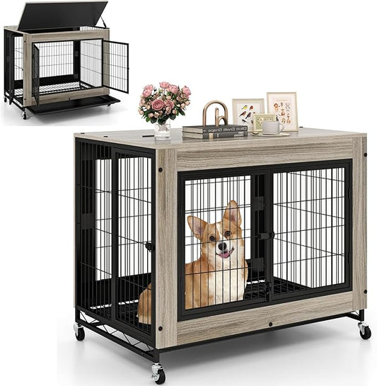 Giantex Dog Crate Furniture with Wheels, 38" Modern Dog Cage with 3 Doors, Flip Top Lid, Removable Pull-Out Tray, Decorative Dog Kennel Indoor Pet House End Table for Medium & Large Dogs (Oak Gray)