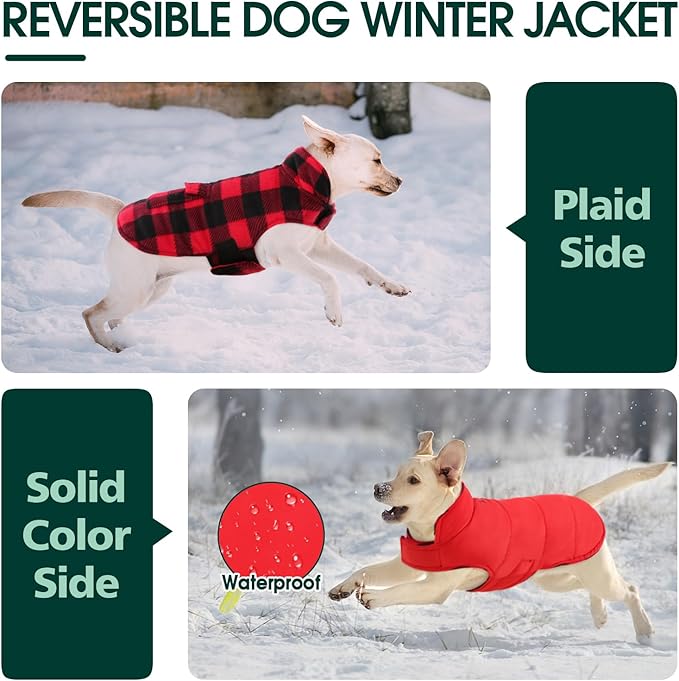 Kuoser Dog Winter Coat, Windproof Dog Fleece Jacket British Style Plaid Cold Weather Doggie Vest Coats, Reversible Cozy Warm Pet Clothes Apparel for Extra Large Size Dogs XXL