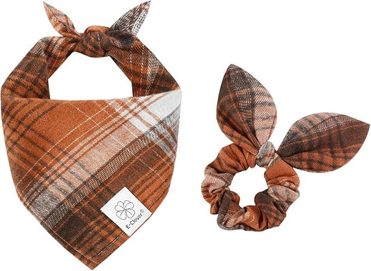 E-Clover Brown Plaid Dog Bandana & Matching Scrunchie-Fall Dog Bandana Triangle Plaid Pet Scarf Bib for Small Dogs Puppy Girl Boy Owner Gift