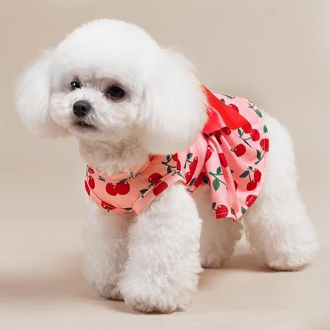 PUPTECK Print Dog Dress Pet Apparel with Cute Bowtie Puppy Clothes Outfit, Cherry, L
