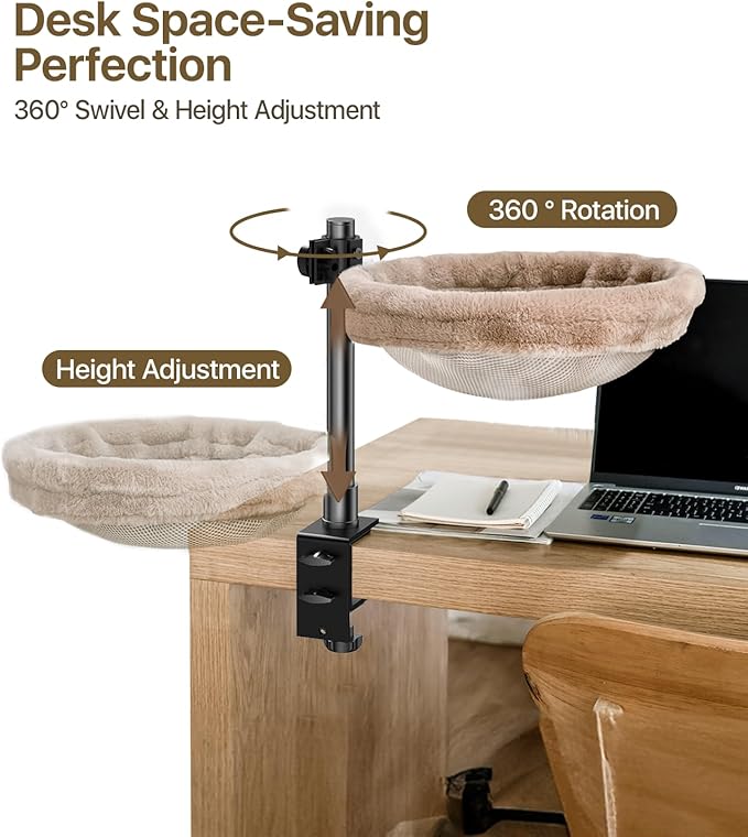 Cat Desk Bed, Cat Hammock for Home Office, 360°Rotating & Adjustable Shelf, Removable Comfortable Soft Pet Nest Bed, Modern Unique Kitten Furniture Attachment for Game Tables, Brown